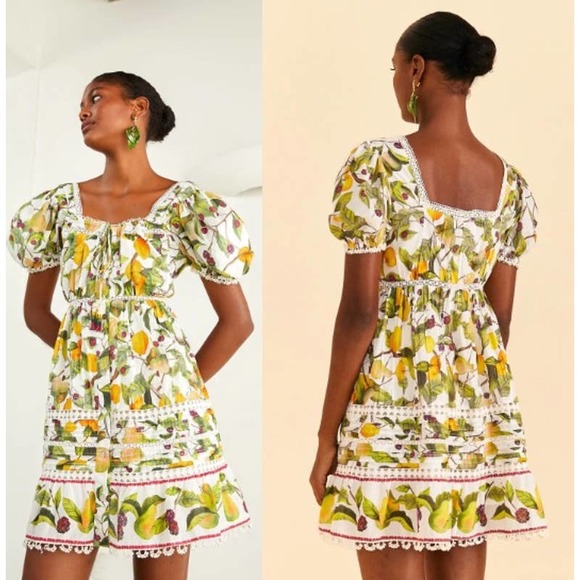 NWT Farm Rio Fruit Orchard Mini Dress Cotton Scallop Edge Off-White Small - Picture 1 of 14